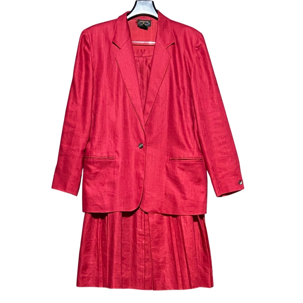 Charter Club Jane Justin Vintage Red 100% Linen Pleated Skirt Suit Set Womens 10
